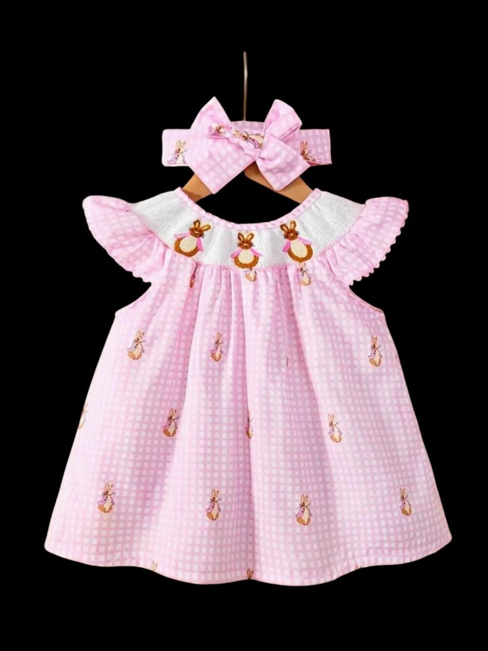 Ma&Baby Girls Plaid Easter Dress Rabbit Fly Sleeve Size 6-9 Months